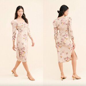 NWT ASTR Blush Champagne Nude Purple Moody Floral Ruched Long Sleeve Midi Dress